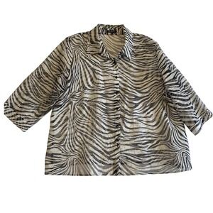 Notations Woman Zebra Print Button Down Shirt Black White Crinkle Chiffon 3X